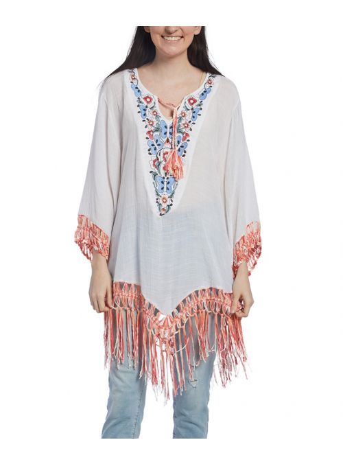 Orange Cotton Embroidered Summer Butterfly Pattern Fringe Trim Women's Tunic