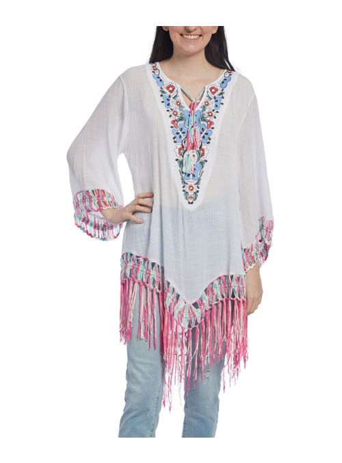 Pink Cotton Embroidered Summer Butterfly Pattern Fringe Trim Women's Tunic