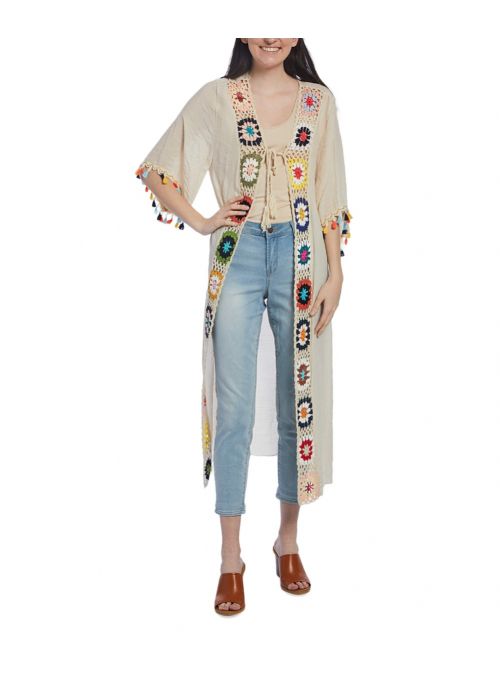 Beige Viscose Spring Summer Crochet Pom-Pom Duster Women Cover Up