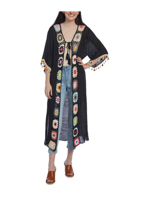 Black Viscose Spring Summer Crochet Pom-Pom Duster Women Cover Up