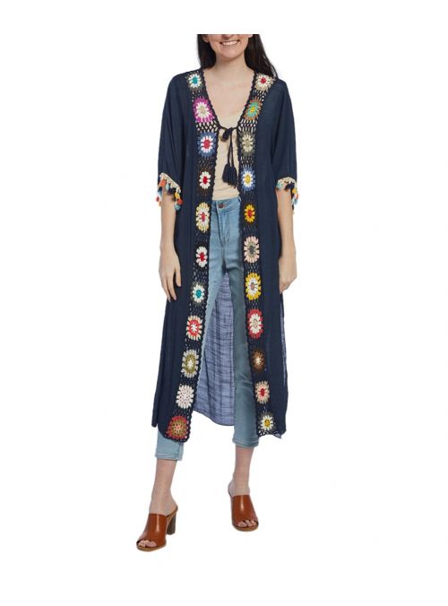 Navy Blue Viscose Spring Summer Crochet Pom-Pom Duster Women Cover Up