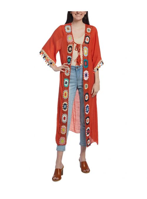 Orange Viscose Spring Summer Crochet Pom-Pom Duster Women Cover Up