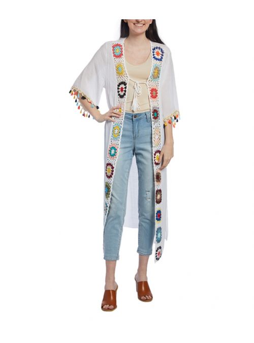 Viscose Spring Summer Crochet Pom-Pom Duster Women Cover up