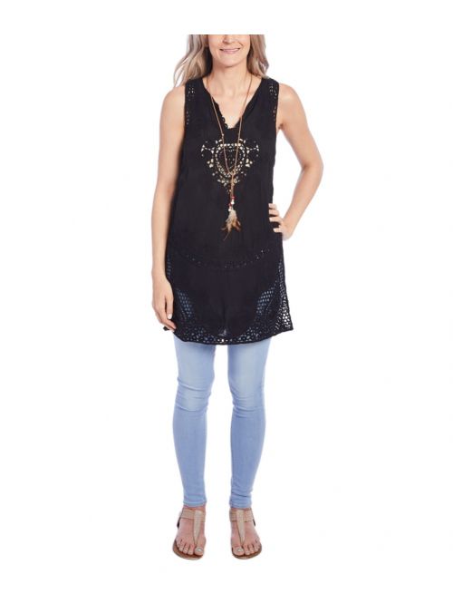 Cotton Paisley Lace Work Crochet Long Top Sleeveless Women Tunic