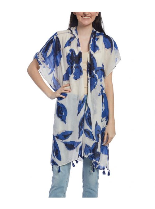 Blue Polyester Floral Print Fringe Trim Women Summer Women Cover Up
