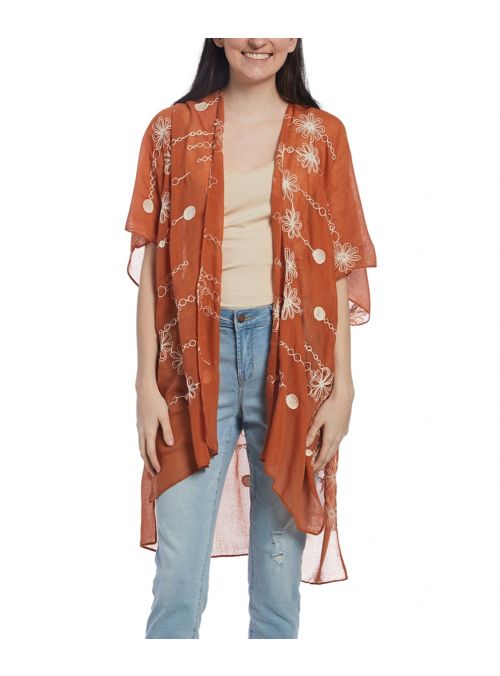 Red Embroidered Floral Pattern Summer Ruana Viscose Women Cover Ups