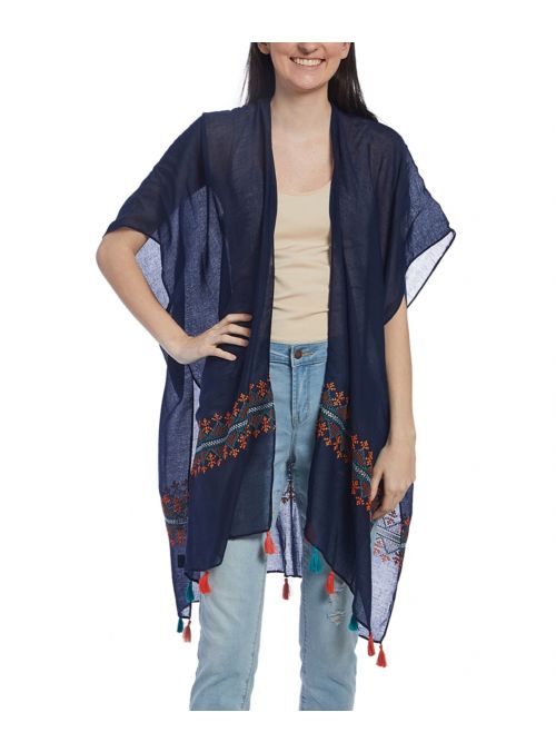 Navy Blue Casual Embroidered Viscose Geometric Pattern Tassel Hem Women Cover Ups