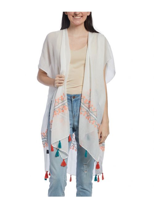 Casual Embroidered Viscose Geometric Pattern Tassel Hem Women Cover Ups