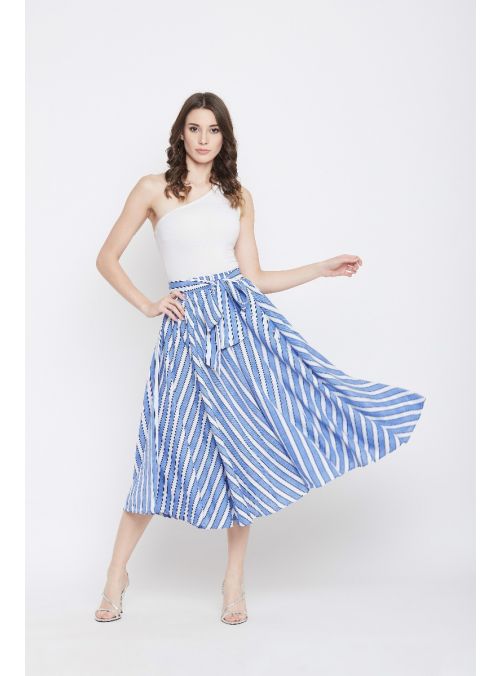 Women Rayon Striped Skirt A-Line High Waist Midi Skirt With Belt