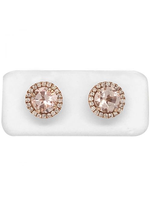 14K Rose Gold Round Morganite Diamond Stud Women Earrings Jewelry