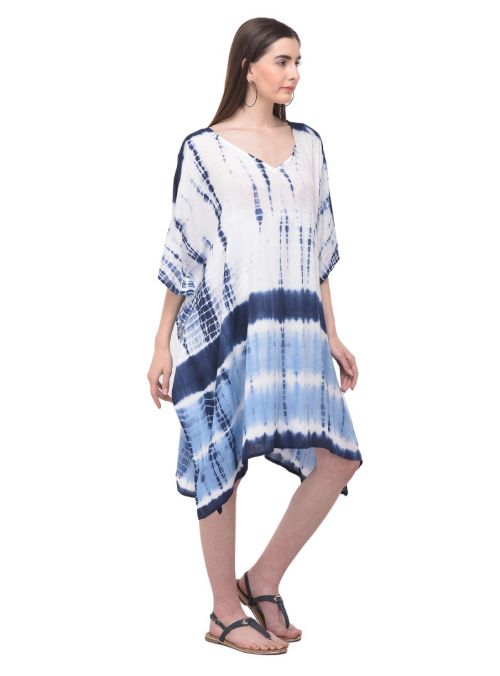 Blue Boho Tunic Dress Women Summer Beachwear Striped V-Neck Swimwear Top Dress