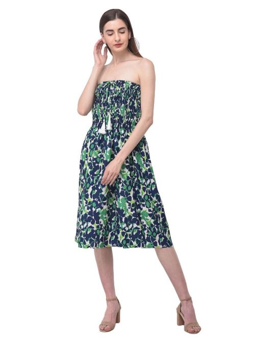 Women Green Strapless Tube Dress Floral Printed Short Summer Mini Dress
