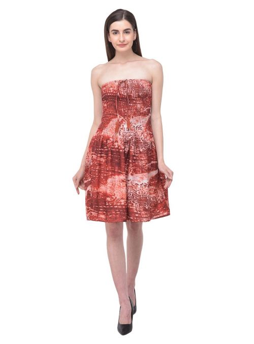 Women Abstract Print Tube Dress Maroon Strapless Printed Short Dress