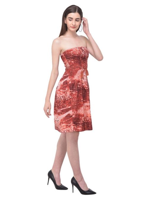Women Abstract Print Tube Dress Maroon Strapless Printed Short Dress