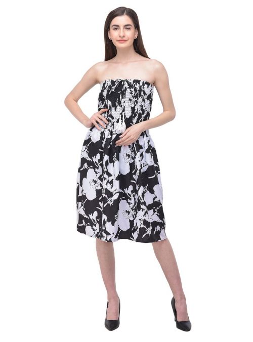Women Black Strapless Tube Dress Floral Printed Casual Mini Dress