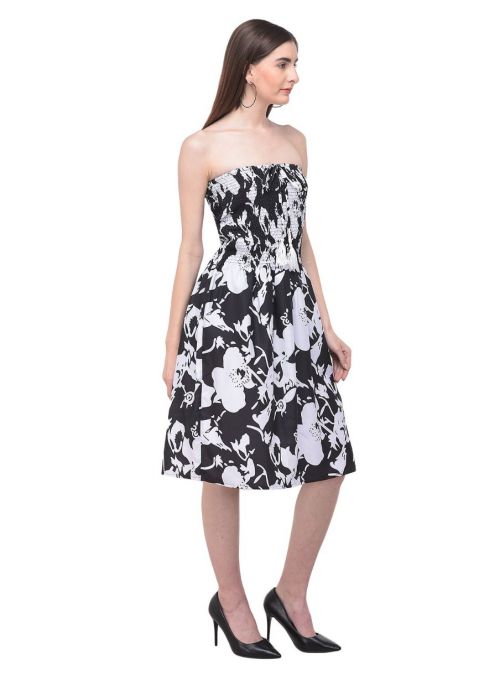 Women Black Strapless Tube Dress Floral Printed Casual Mini Dress
