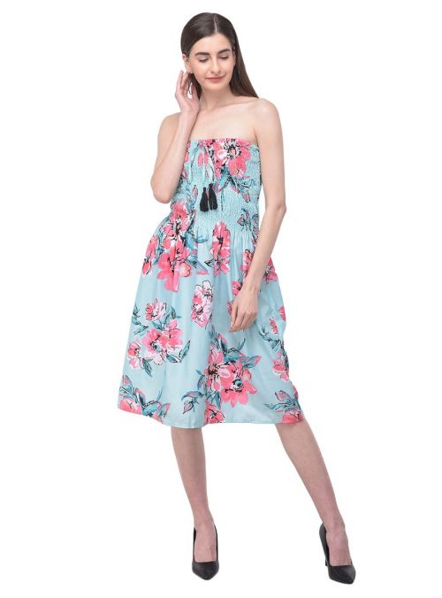 Turquoise Strapless Floral Printed Short Tube Dress for Women Fashion