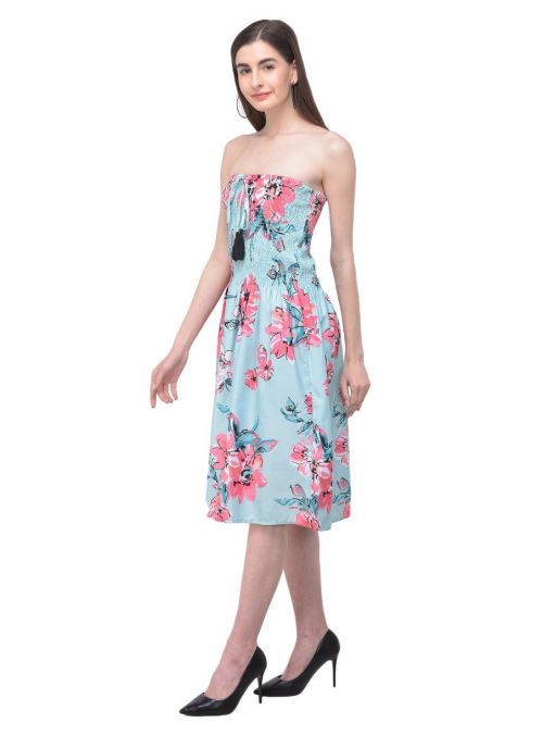 Turquoise Strapless Floral Printed Short Tube Dress for Women Fashion