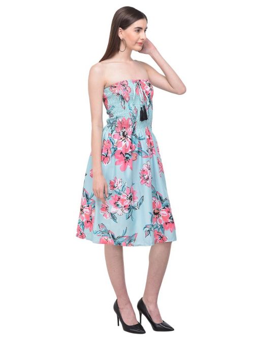 Turquoise Strapless Floral Printed Short Tube Dress for Women Fashion
