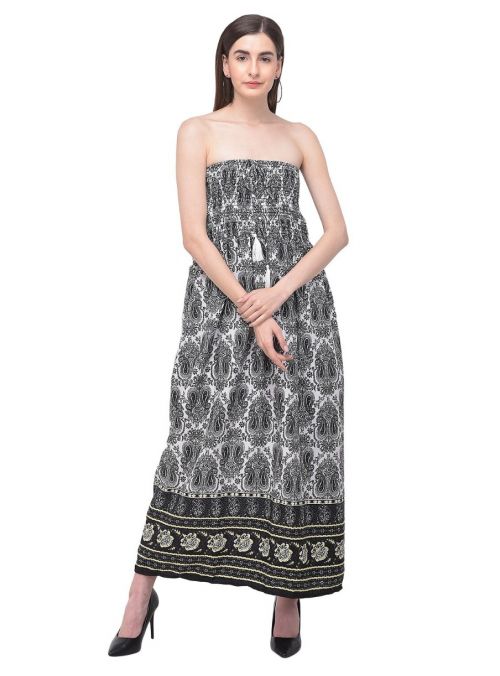 Women Black Tube Dress Strapless Paisley Printed Evening Long Maxi Dress 