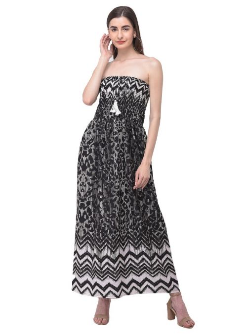 Women Black Strapless Geometric Printed Long Maxi Tube Dress