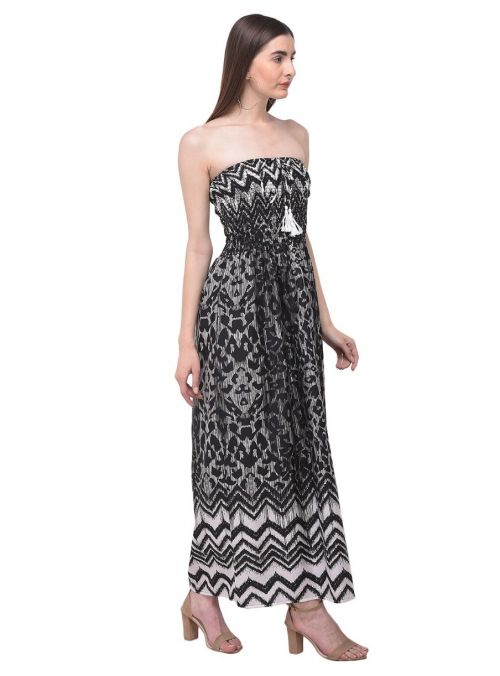 Women Black Strapless Geometric Printed Long Maxi Tube Dress