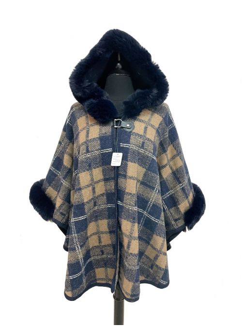 Women Navy Acrylic Plaid Pattern Winter Cape Poncho