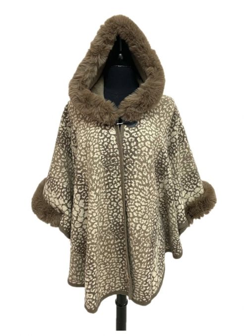 Women Khaki Leopard Pattern Acrylic Hooded Poncho Capes