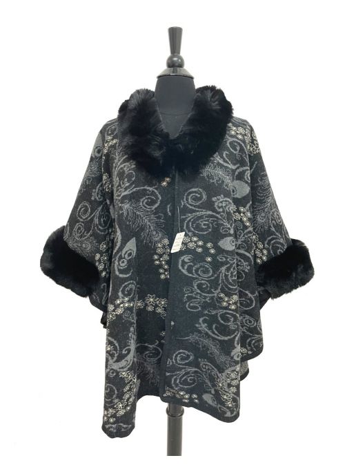Women Black Floral Pattern Acrylic Poncho Cape