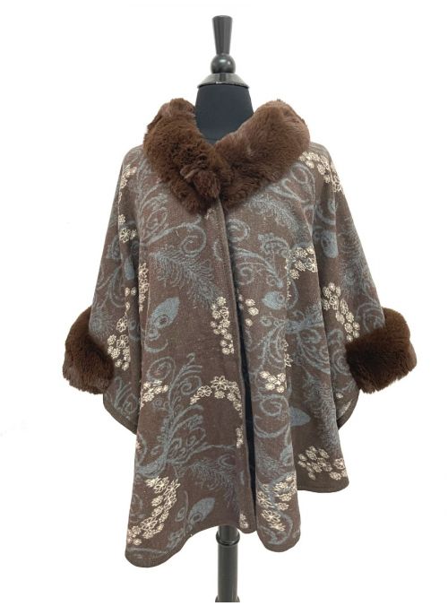 Women Brown Floral Pattern Acrylic Poncho Cape