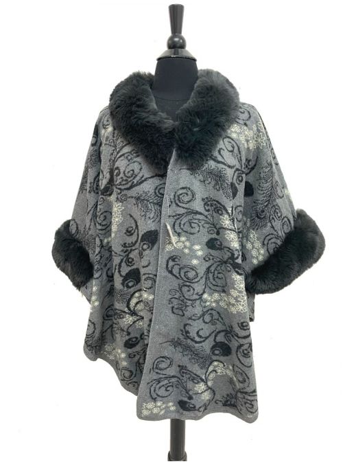 Women Grey Floral Pattern Acrylic Poncho Cape