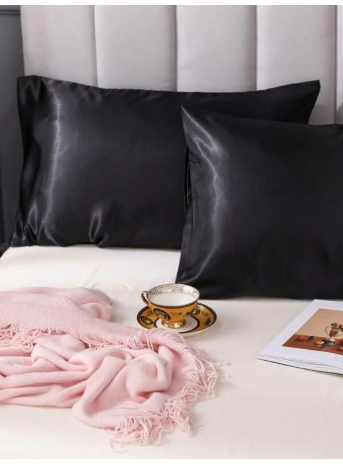 Oussum Black Handmade Solid Silk Satin Home Decor Pillow Cover Set Of 2